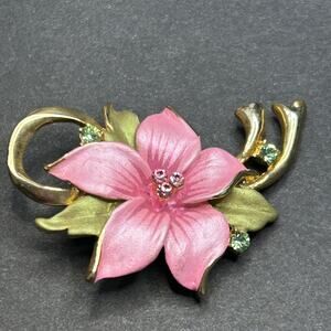Vintage Cottagecore Coquette Rhinestone Gold and Pink Plumeria Flower Brooch
